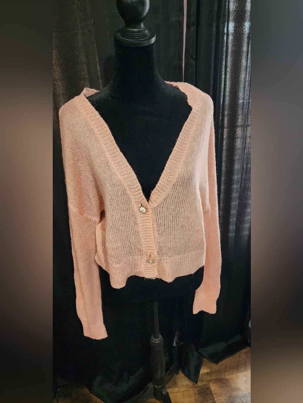 JustFab Cropped Knit Cardigan Pink XL 16-18 Floral Rhinestone Buttons